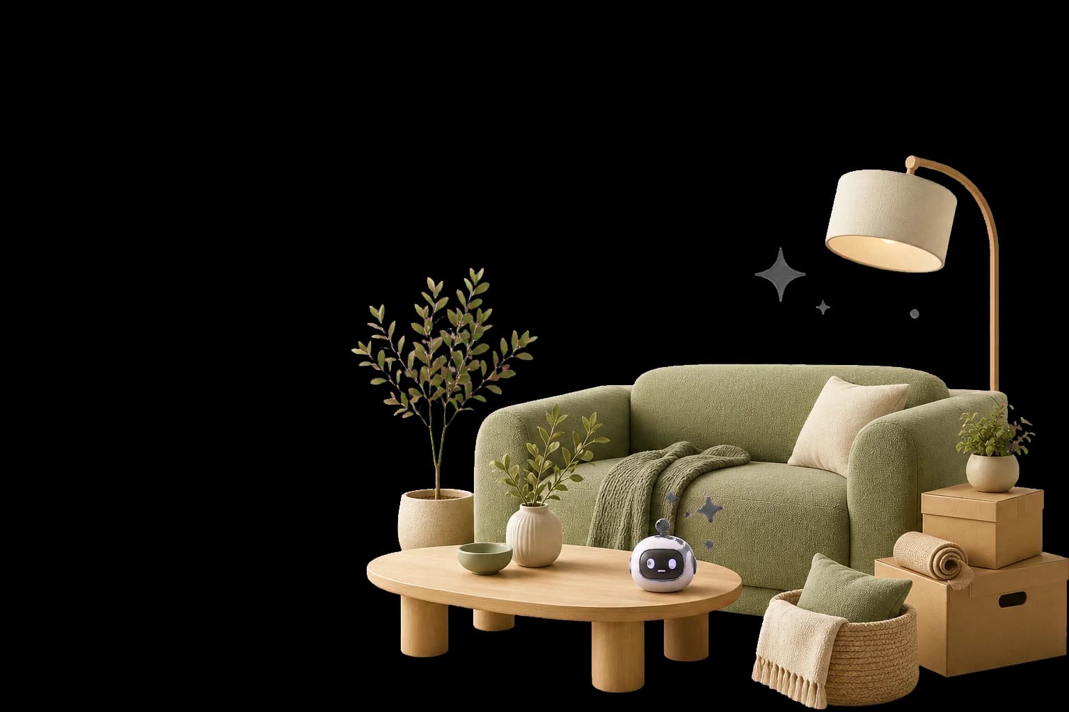 A furnished living room with a green sofa, moving boxes, plants, and a small AI assistant